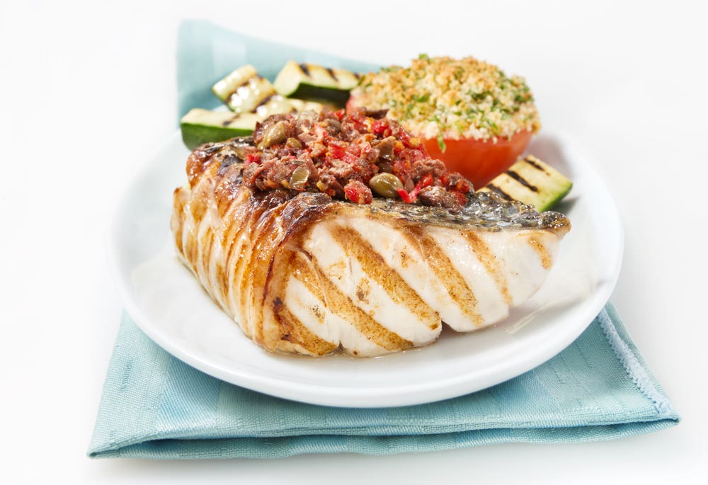 Grilled bass with tomato tapenade 