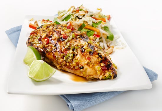 Barbecued Asian chicken breast with bean sprout salad