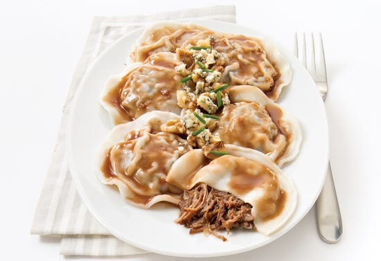 Ravioli with braised beef, port, walnuts and blue cheese