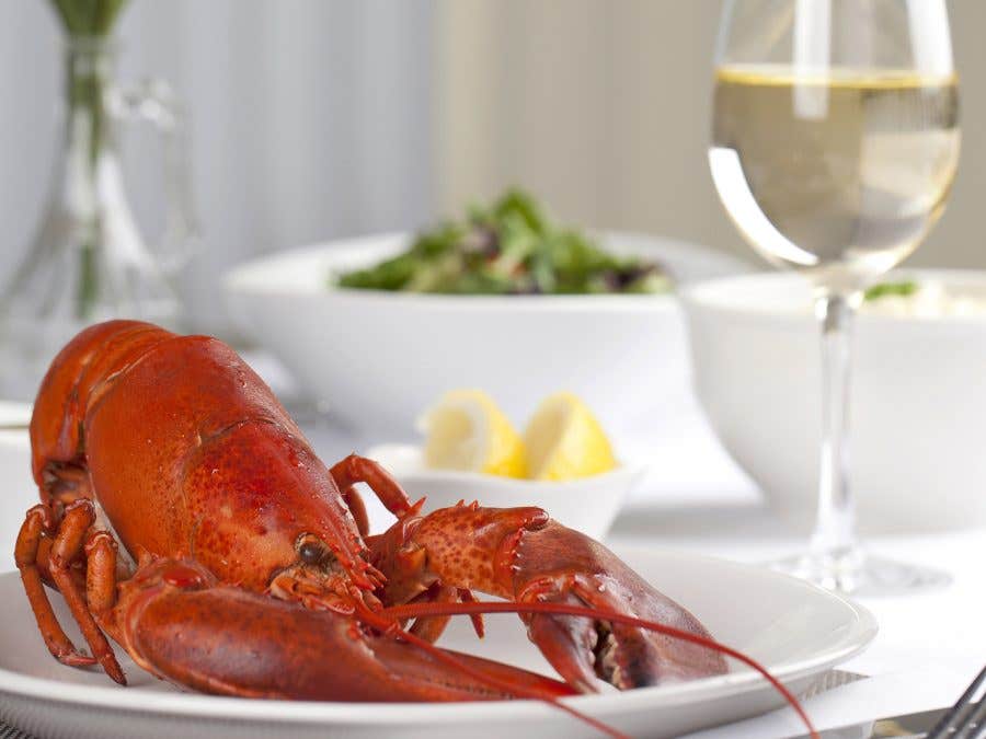 a lobster and a glass of wine