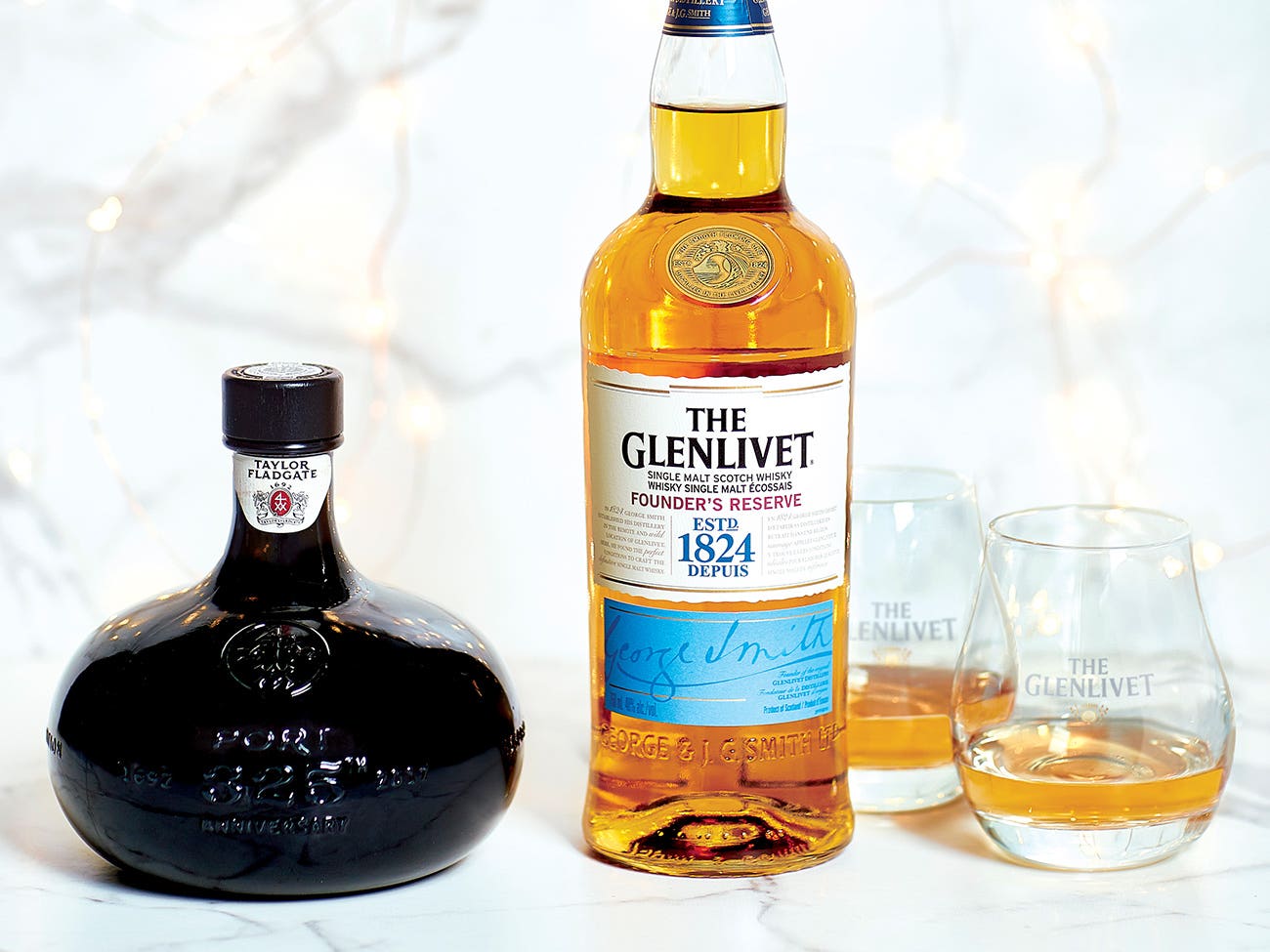 Taylor Fladgate port and Glenlivet scotch bottles