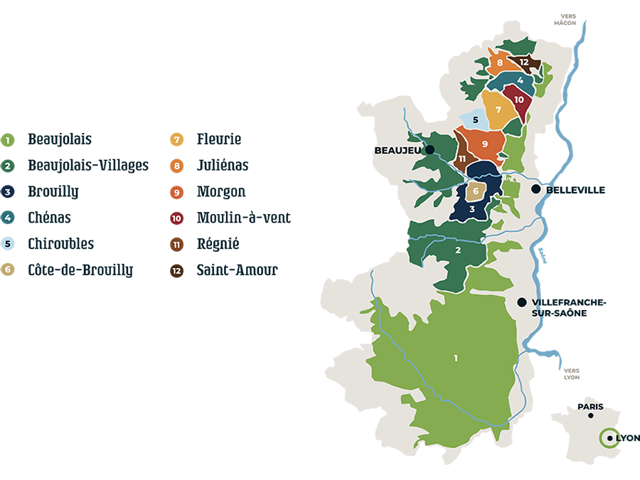 Carte des 12 appellations du Beaujolais