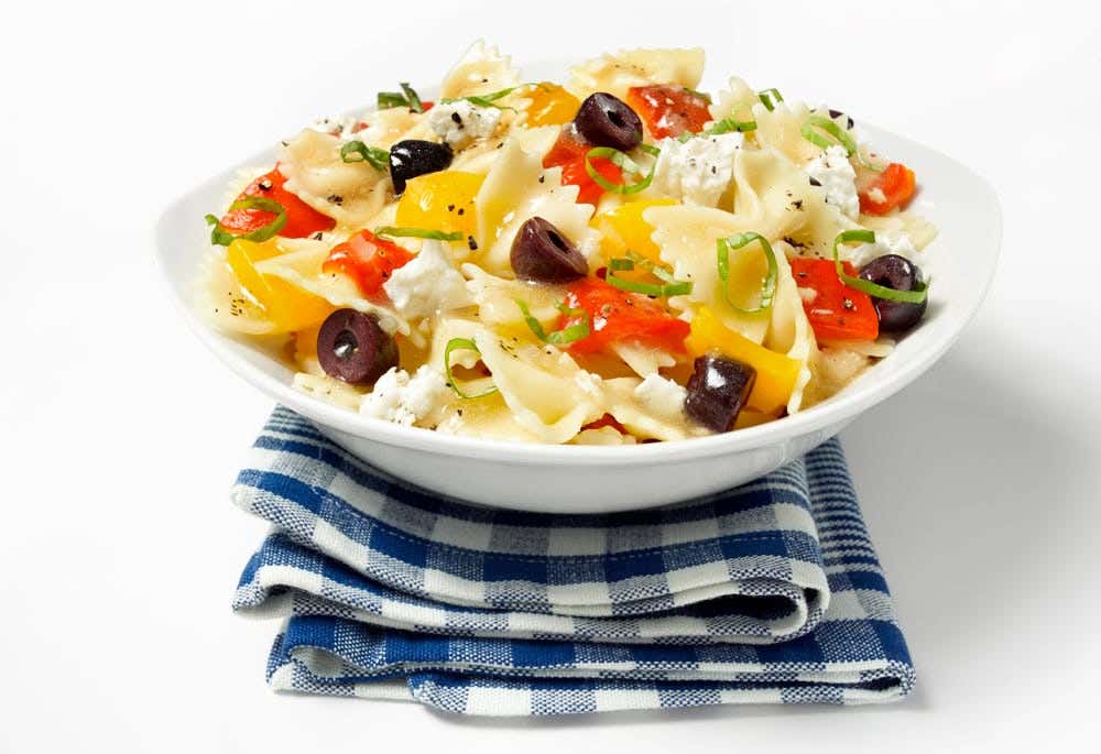 Farfalle with grilled peppers, basil and feta