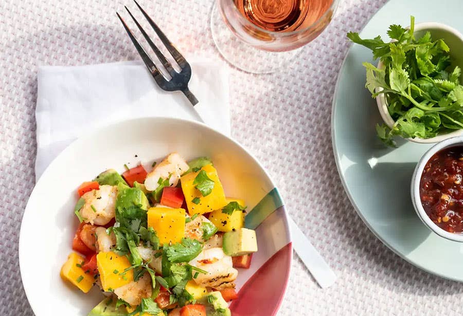 Grilled shrimp, mango and avocado salad 