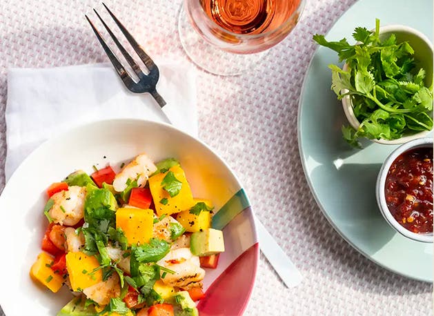 Grilled shrimp, mango and avocado salad