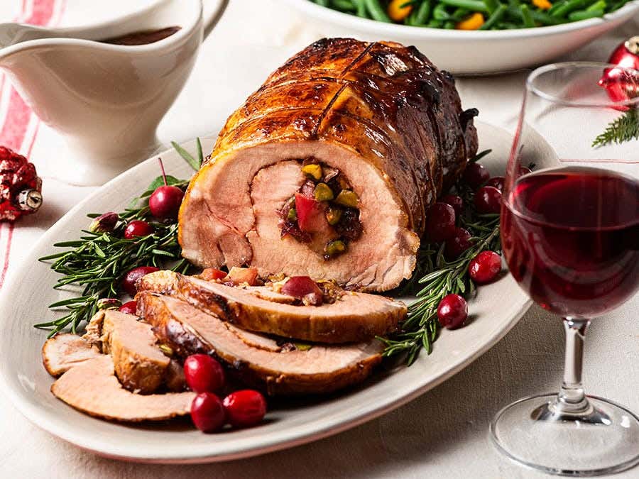 roast pork stuffed with apples, cranberries, and pistachios