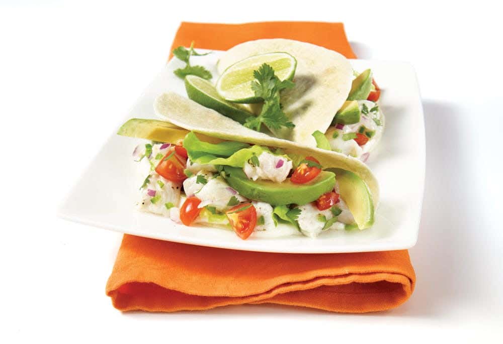 White fish, avocado, cilantro and lime tacos recipe